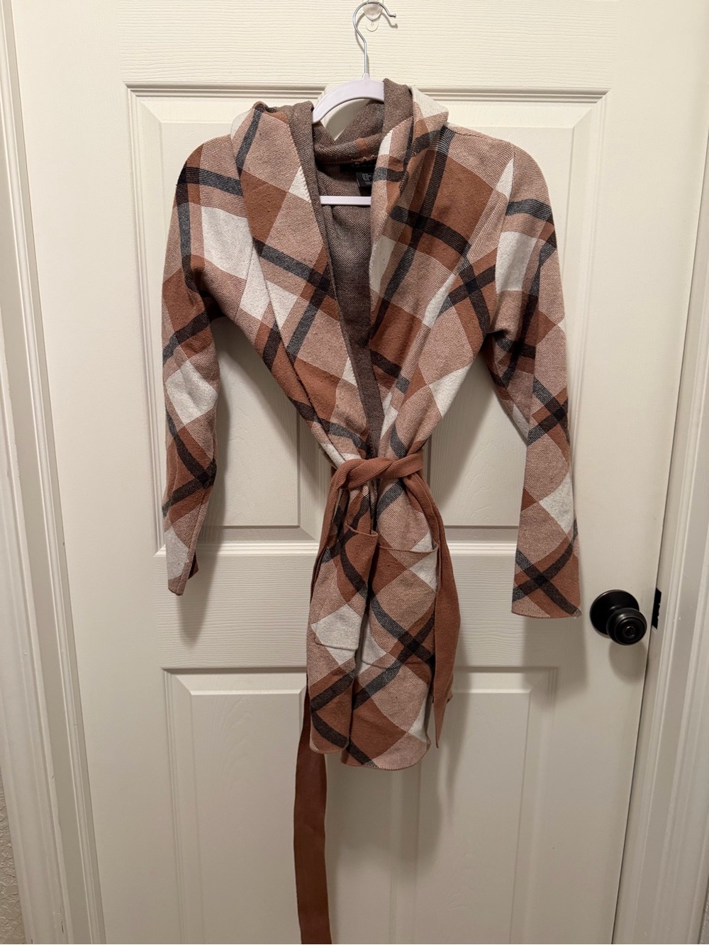 Plaid Open-Front Tie-Belt Cardigan with Hoodie & Pockets